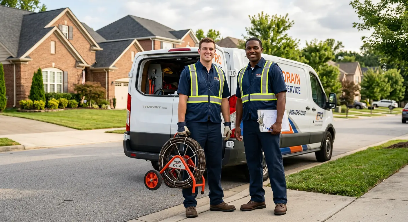 Sewer and drain service team with equipment ready for work in Elyria