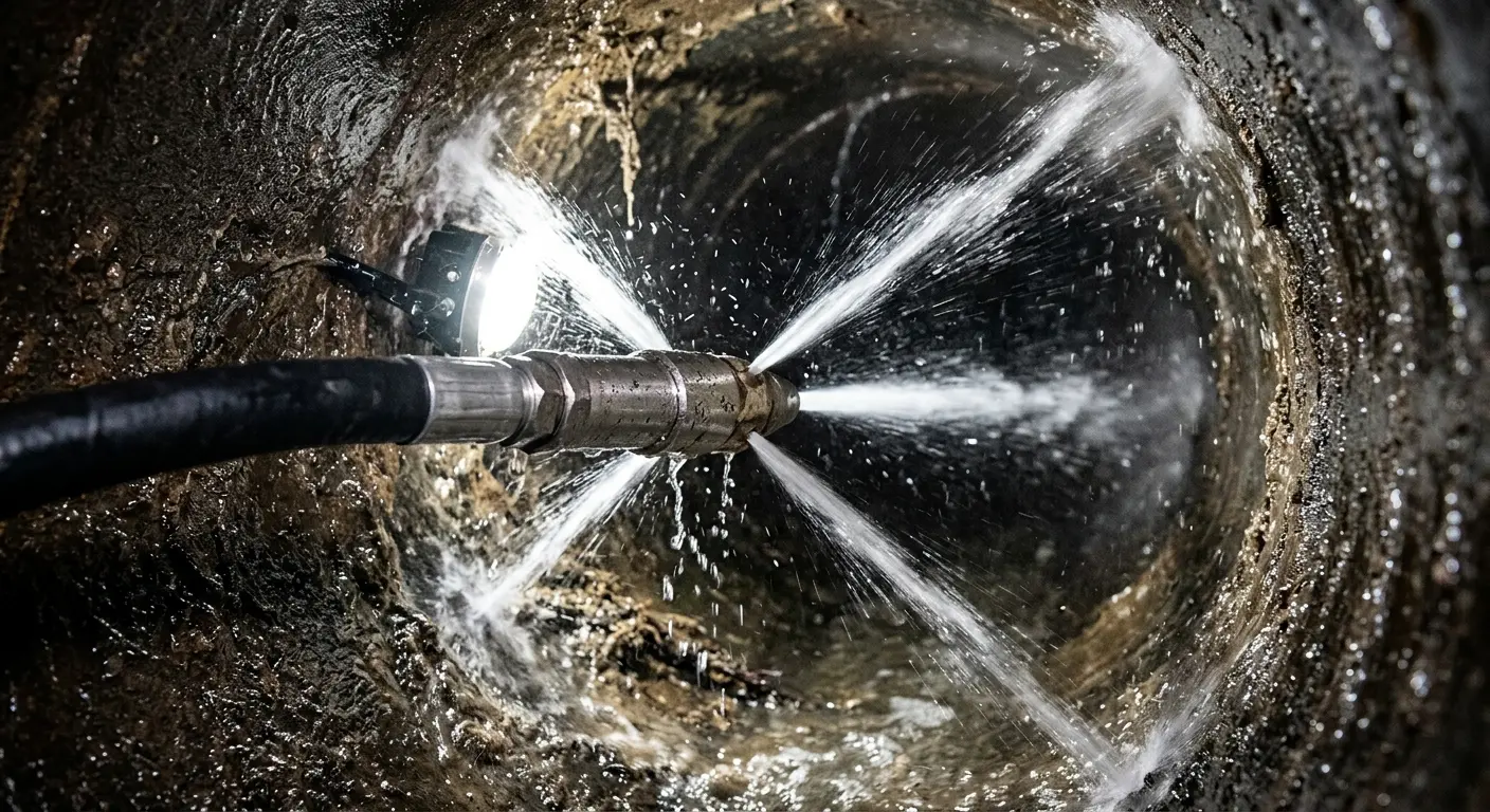 High-pressure hydro jetting nozzle cleaning sewer pipe for Trenchless Sewer Repair in Elyria