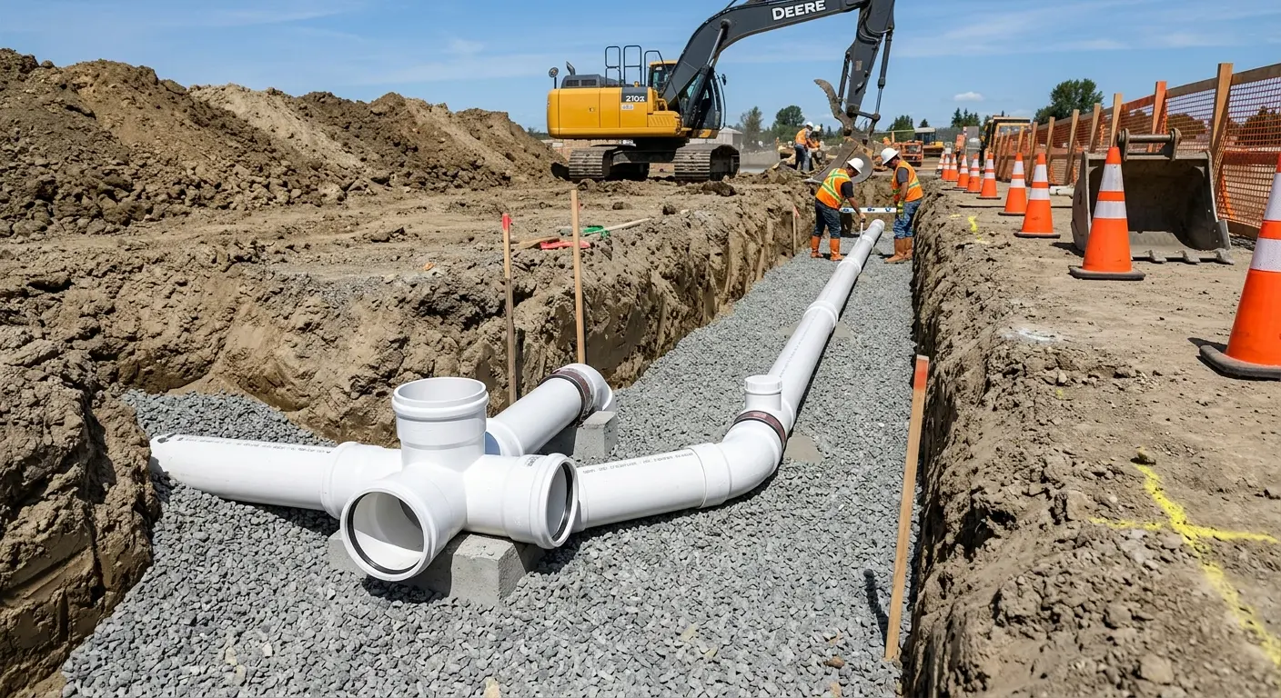 New PVC sewer pipe installation in open trench for Commercial Drain Cleaning in Elyria