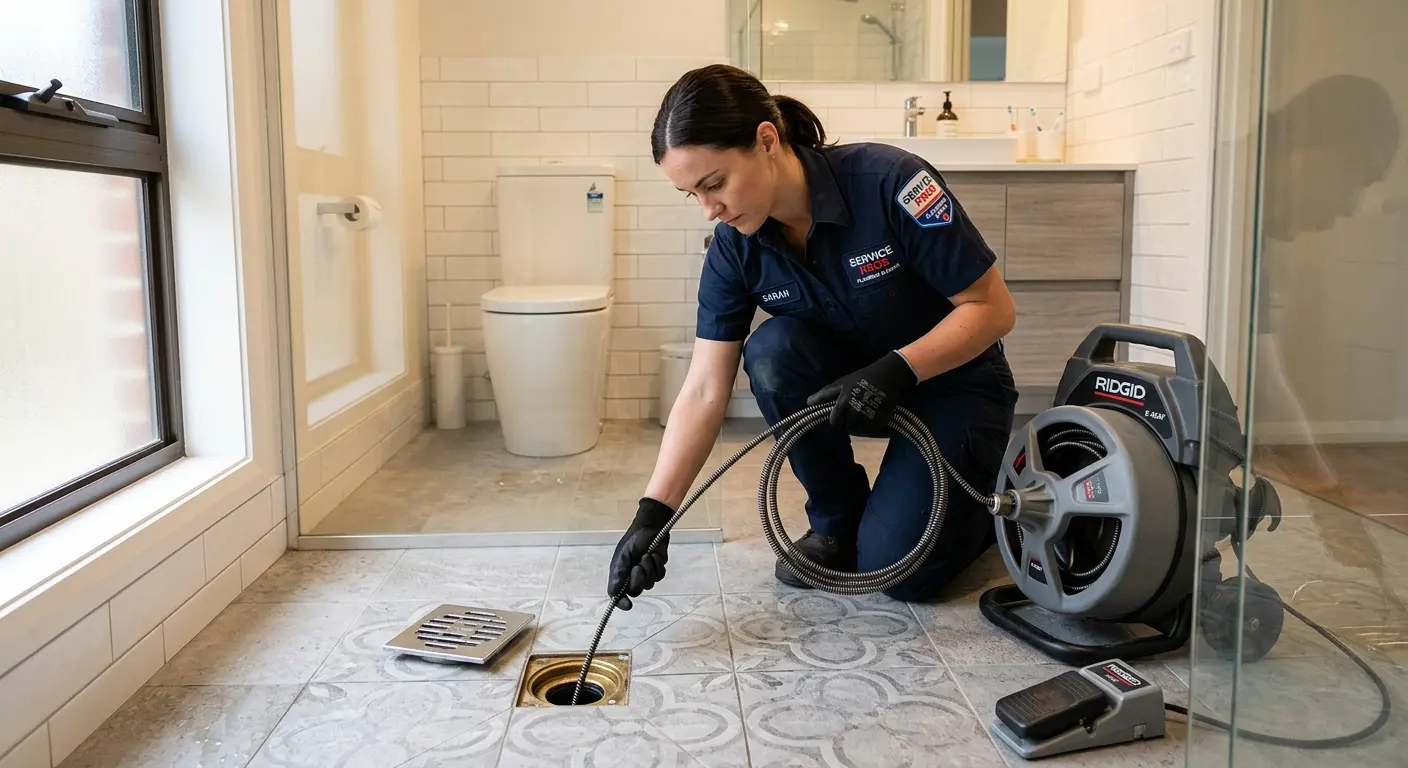 Technician clearing a bathroom floor drain for Hydro Jetting in Elyria